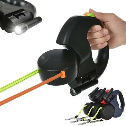 2-in-1 Auto-Retract Dual Dog Leash: LED Light + Tangle-Proof 360° Swivel & Poop Bag Dispenser