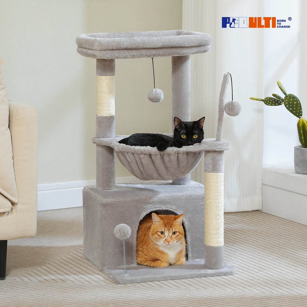 Cat tree with two cats inside, one black and one orange, in a home setting.