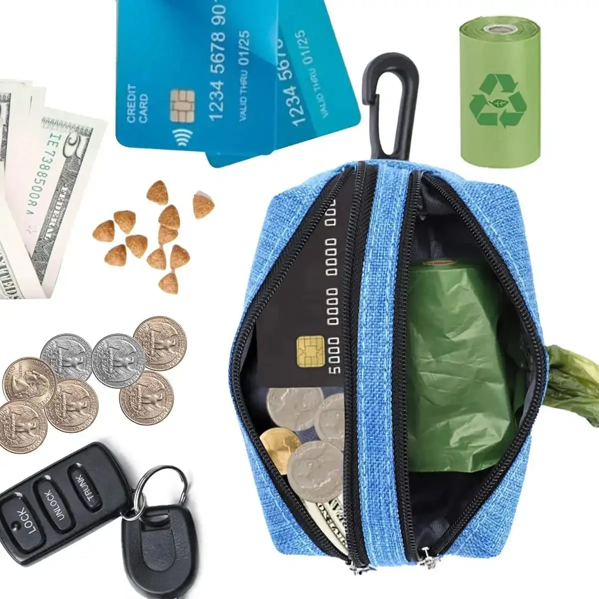 2-in-1 Hands-Free Poop Bag Dispenser w/Leash Clip & Storage Pocket - Waterproof