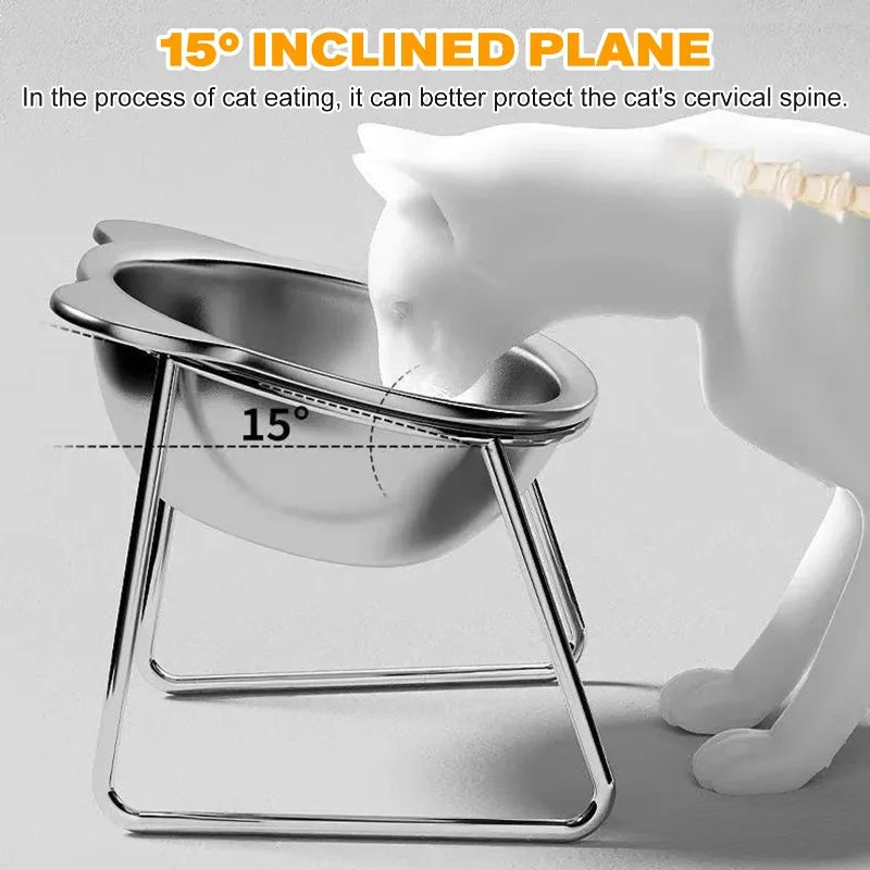 Cat food bowl with 15-degree inclined plane design to protect a cat's cervical spine.