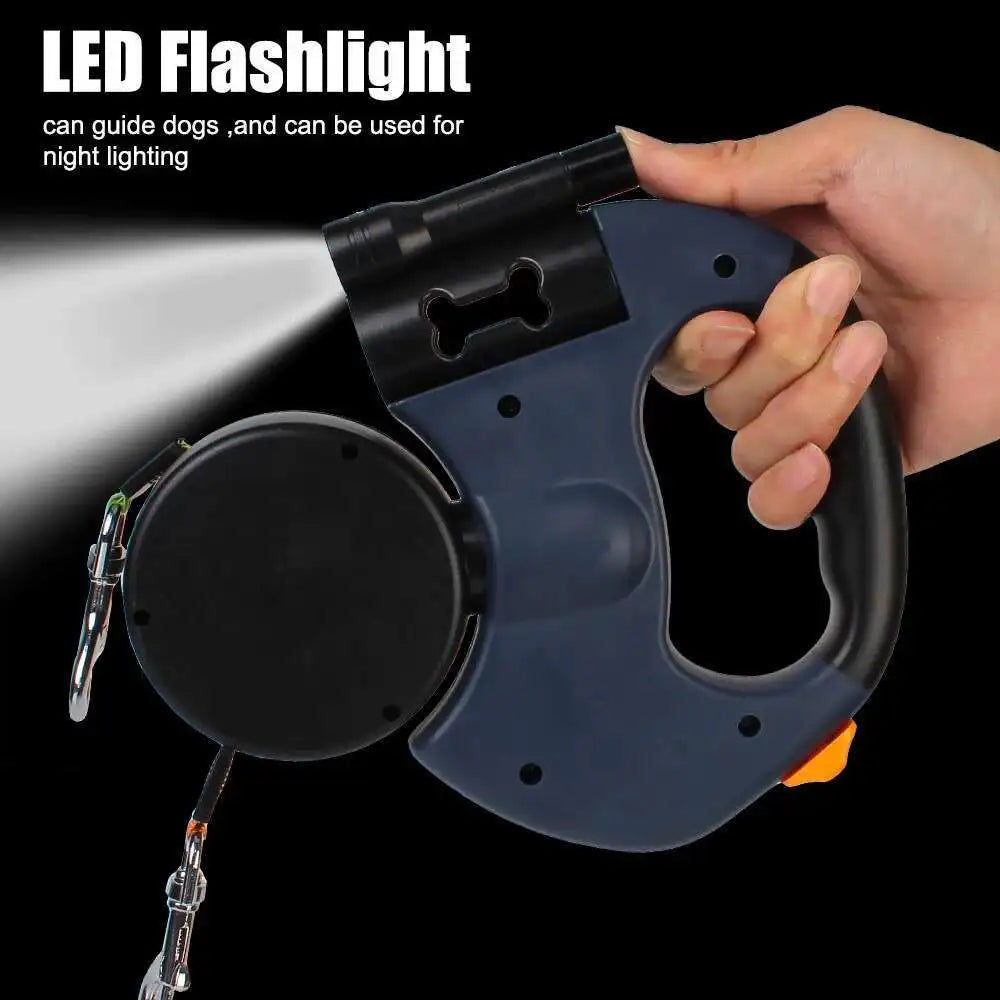 2-in-1 Auto-Retract Dual Dog Leash: LED Light + Tangle-Proof 360° Swivel & Poop Bag Dispenser