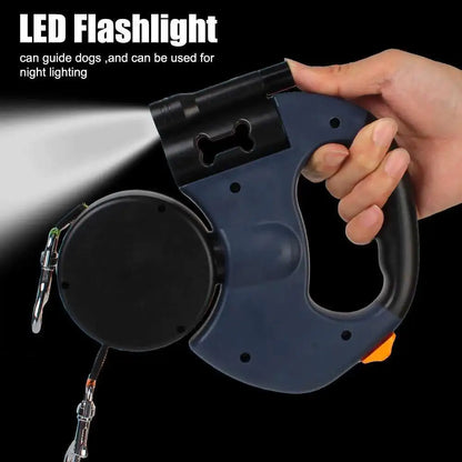 2-in-1 Auto-Retract Dual Dog Leash: LED Light + Tangle-Proof 360° Swivel & Poop Bag Dispenser