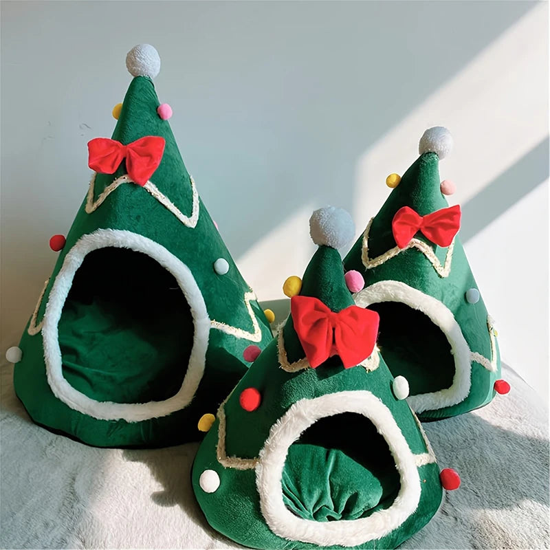 Christmas Cat & Dog House Bed – Winter Warm Pet Supplies, Cozy Cushion Habitat for Cats, Puppies & Small Dogs