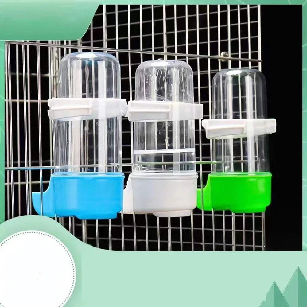 Three pet water dispensers in blue, white, and green against a wire cage background.
