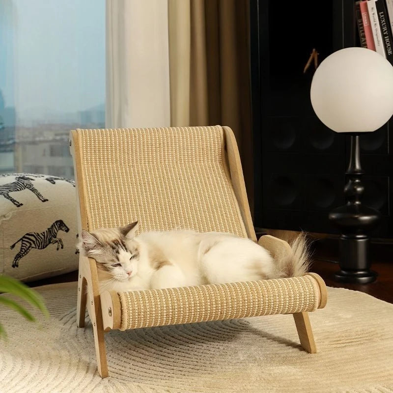 Cat lounging on a small wicker chair in a cozy living room.