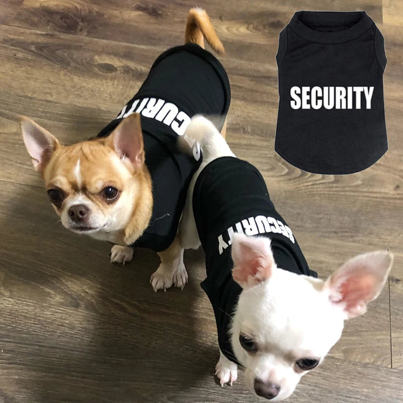 Two small dogs wearing black 'SECURITY' shirts on a wooden floor.