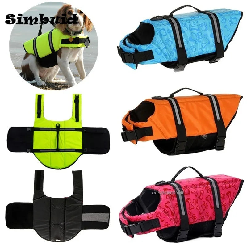 Collection of colorful dog life jackets with a dog wearing a yellow life jacket in the corner.