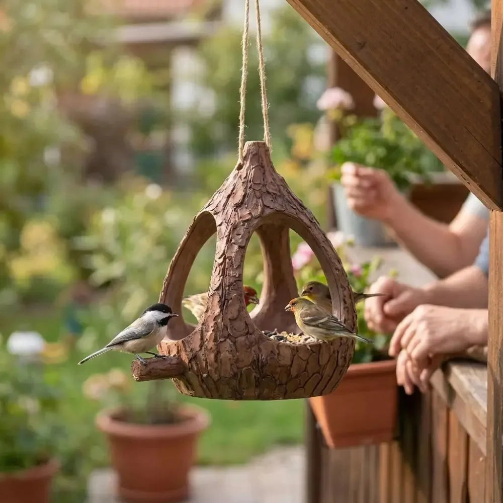A hanging bird feeder shaped like a tree trunk with a natural bark texture, suspended by a rope. Several small birds are perched on and feeding inside the feeder, set against a blurred outdoor garden and porch background with a person partially visible in the background.