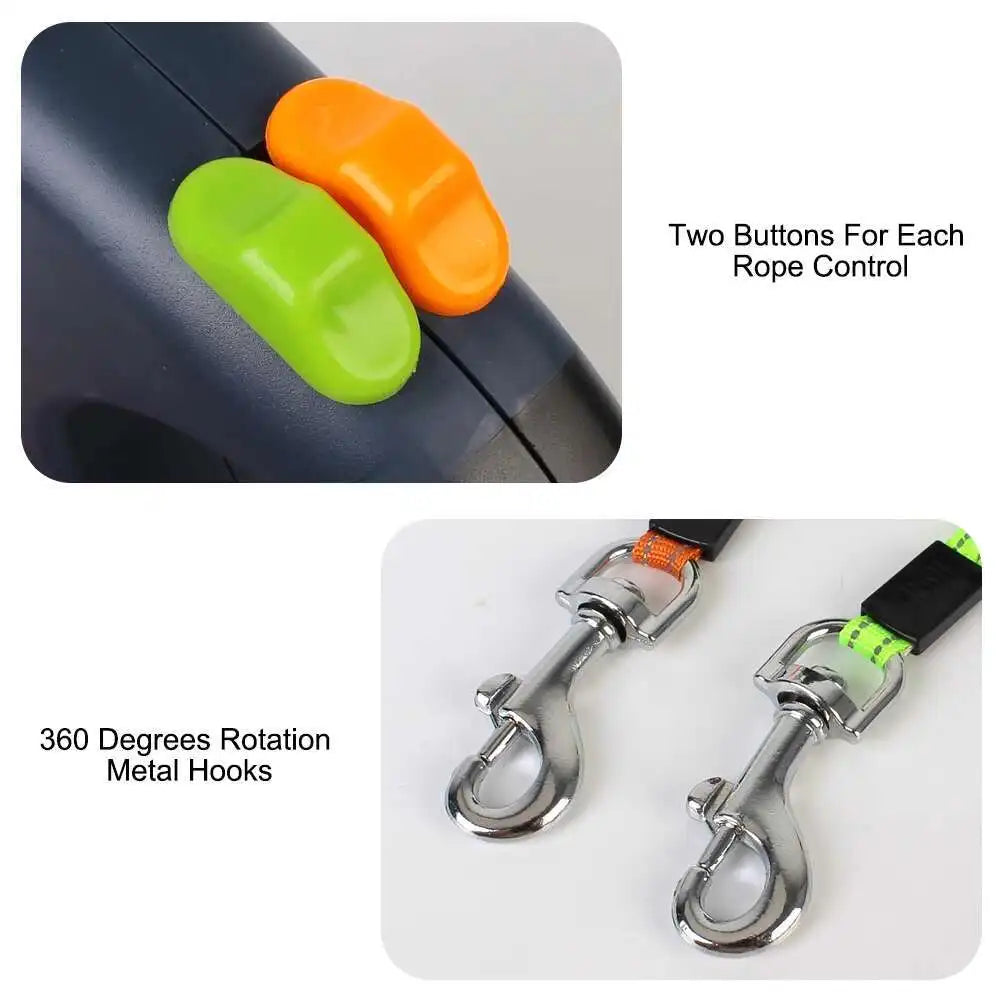 2-in-1 Auto-Retract Dual Dog Leash: LED Light + Tangle-Proof 360° Swivel & Poop Bag Dispenser