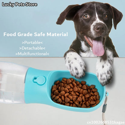 3-in-1 Travel Pet Water Bottle – 600ml Portable Dog/Cat Bowl with Poop Bag Dispenser & Food Container
