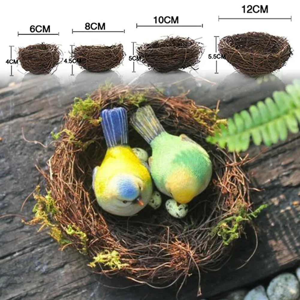 Decorative birds and nest with measurements on a wooden surface