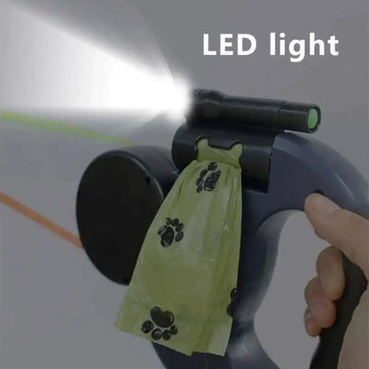 2-in-1 Auto-Retract Dual Dog Leash: LED Light + Tangle-Proof 360° Swivel & Poop Bag Dispenser