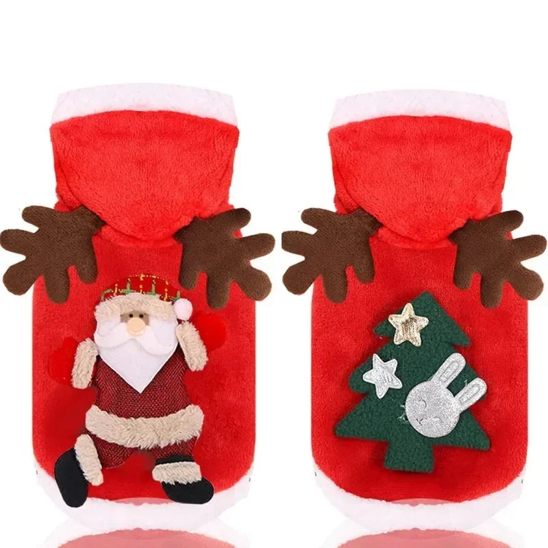 Red Christmas-themed dog boots with Santa Claus and reindeer design on a white background