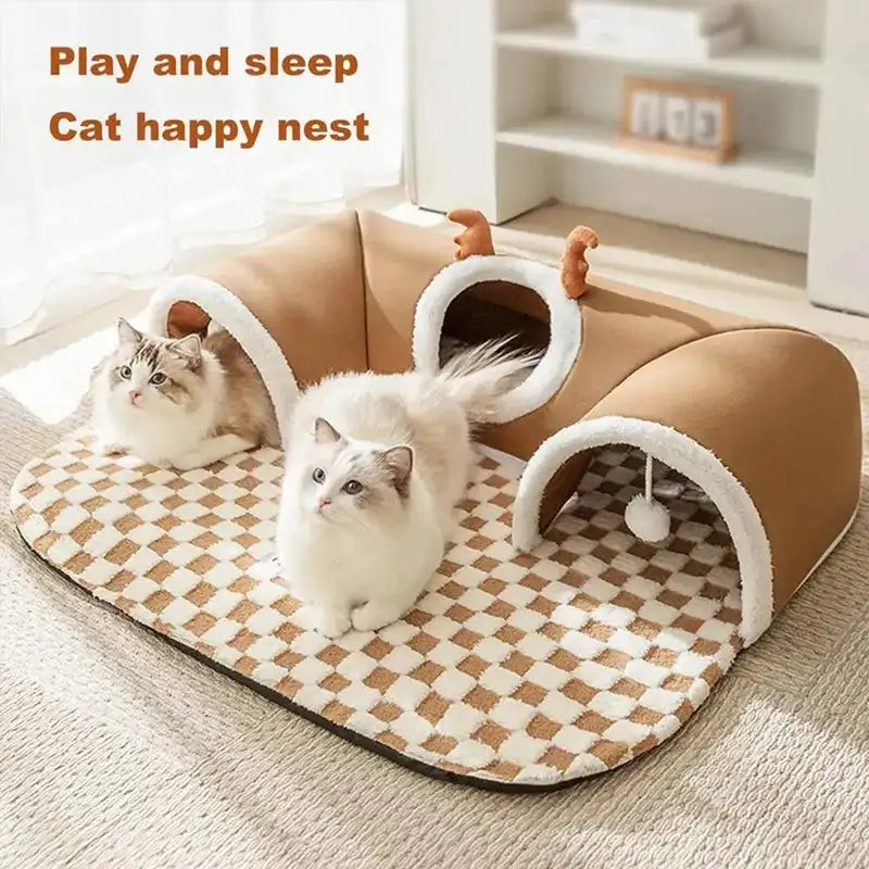 Cozy Reindeer Donut Bed – 2-in-1 Snuggle & Play Hideaway for Winter-Loving Cats