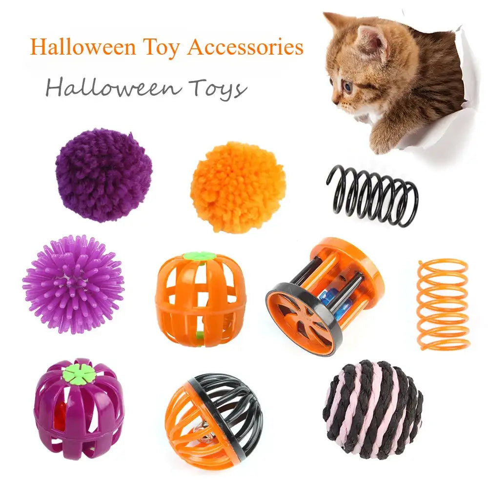 Interactive Cat Toy Set - Wool Flower Drum, Pumpkin Ball & Bells with Springs for Kittens