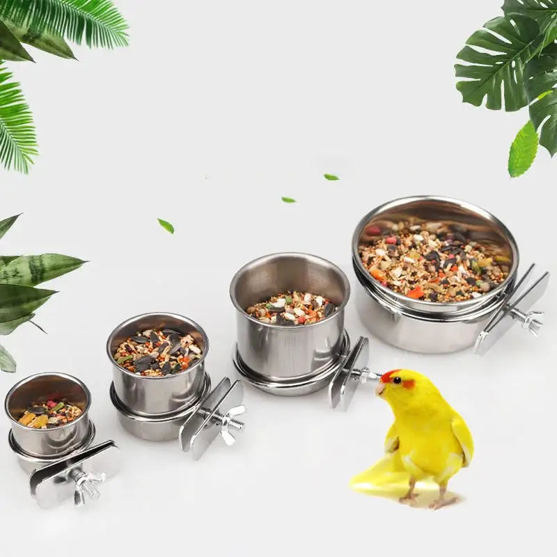 Stainless Steel Parrot Feeding Bowl with Clamp Holder - Versatile Cage Accessory for Birds