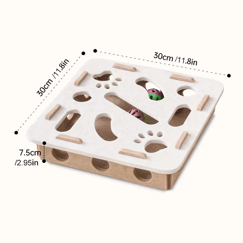 Wooden puzzle toy with measurements on a white background