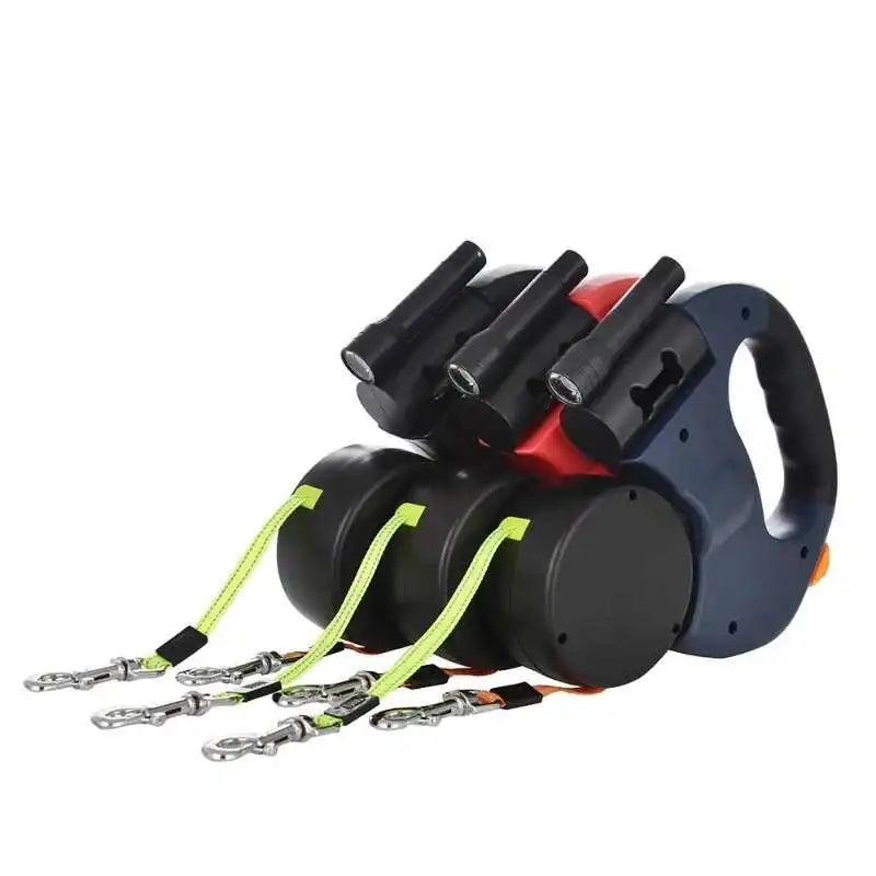 2-in-1 Auto-Retract Dual Dog Leash: LED Light + Tangle-Proof 360° Swivel & Poop Bag Dispenser
