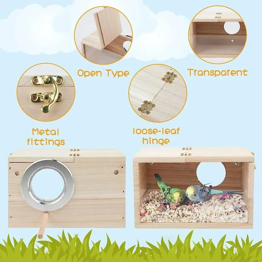 Wooden bird cage with metal fittings and loose-leaf hinge, set against a grassy and sky background.