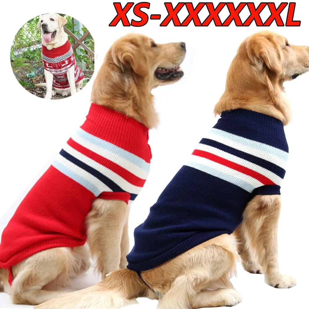 Two dogs wearing red and navy striped sweaters with size chart above on a white background.