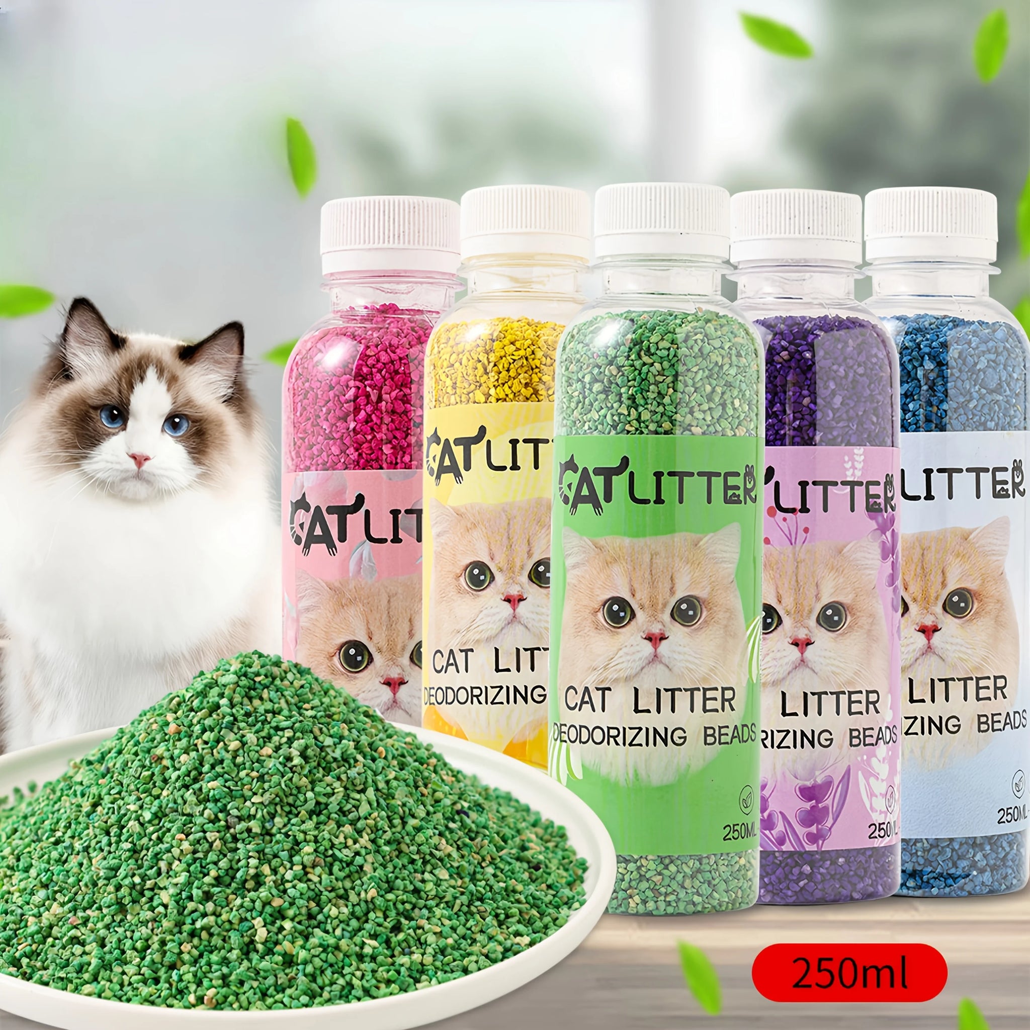 Set of colorful cat litter bottles with a cat and green cat litter on a table.