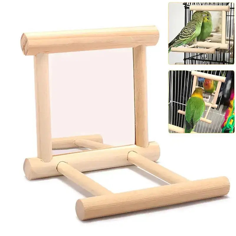 Wooden Bird Mirror Toy with Perch - Interactive Accessory for Small Parrots, Budgies, and Cockatiels