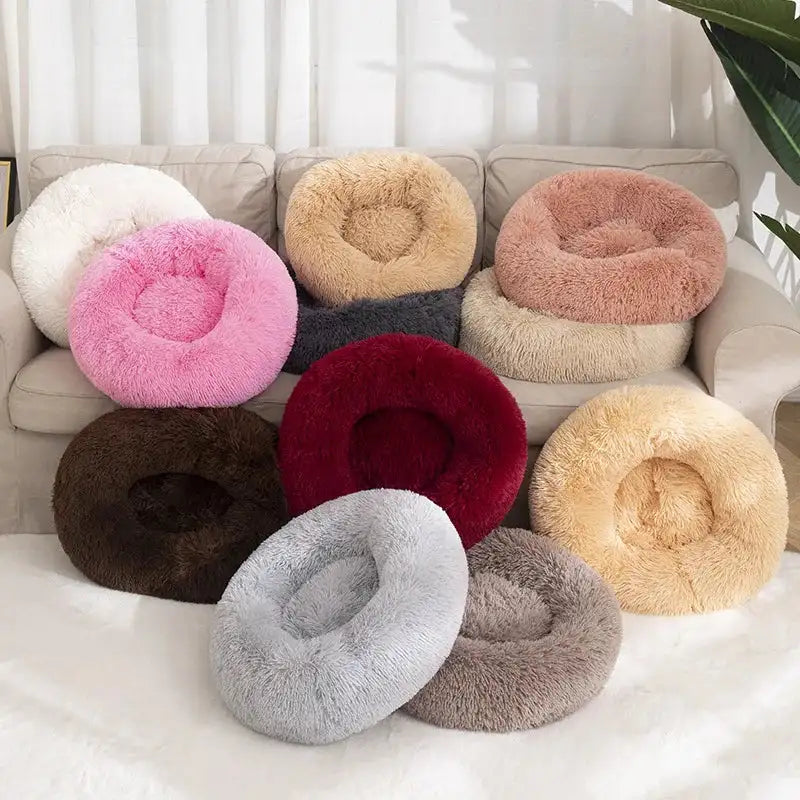 Washable Plush Donut Dog Bed - Fluffy Round Pet Bed for Dogs & Cats (Multiple Sizes)