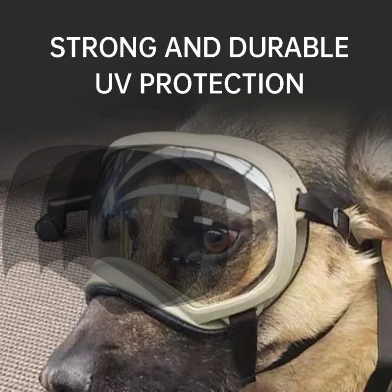 Dog wearing goggles with text 'Strong and durable UV protection' on a dark background
