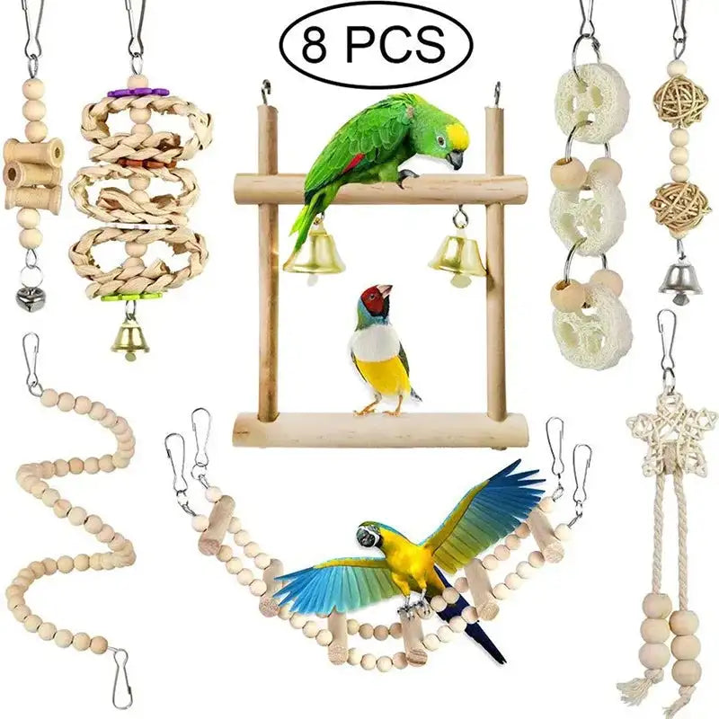8-Piece Parrot Toy Set: Wooden Chew Toys, Swings, Bells & More for Training and Play
