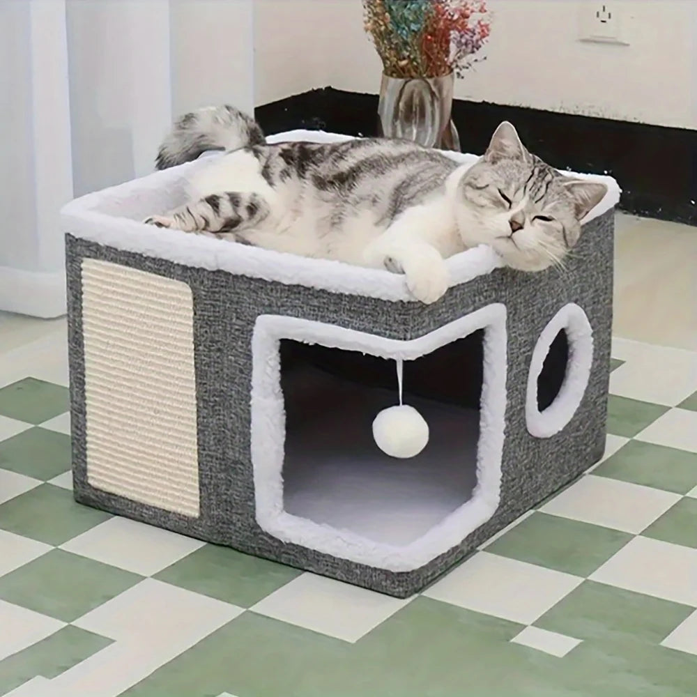 4-Season Multi-Level Cat House – Indoor Foldable Design with Scratching Board & Non-Slip Base, 30LB Capacity, Warm Cat Bed Cave for Cats & Small Dogs