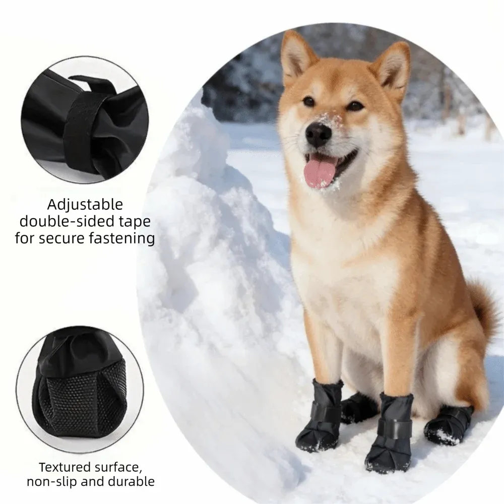 A Shiba Inu dog wearing black paw boots in a snowy outdoor setting, with two circular inset detail images on the left showing the adjustable double-sided tape and the textured non-slip surface of the dog boots.