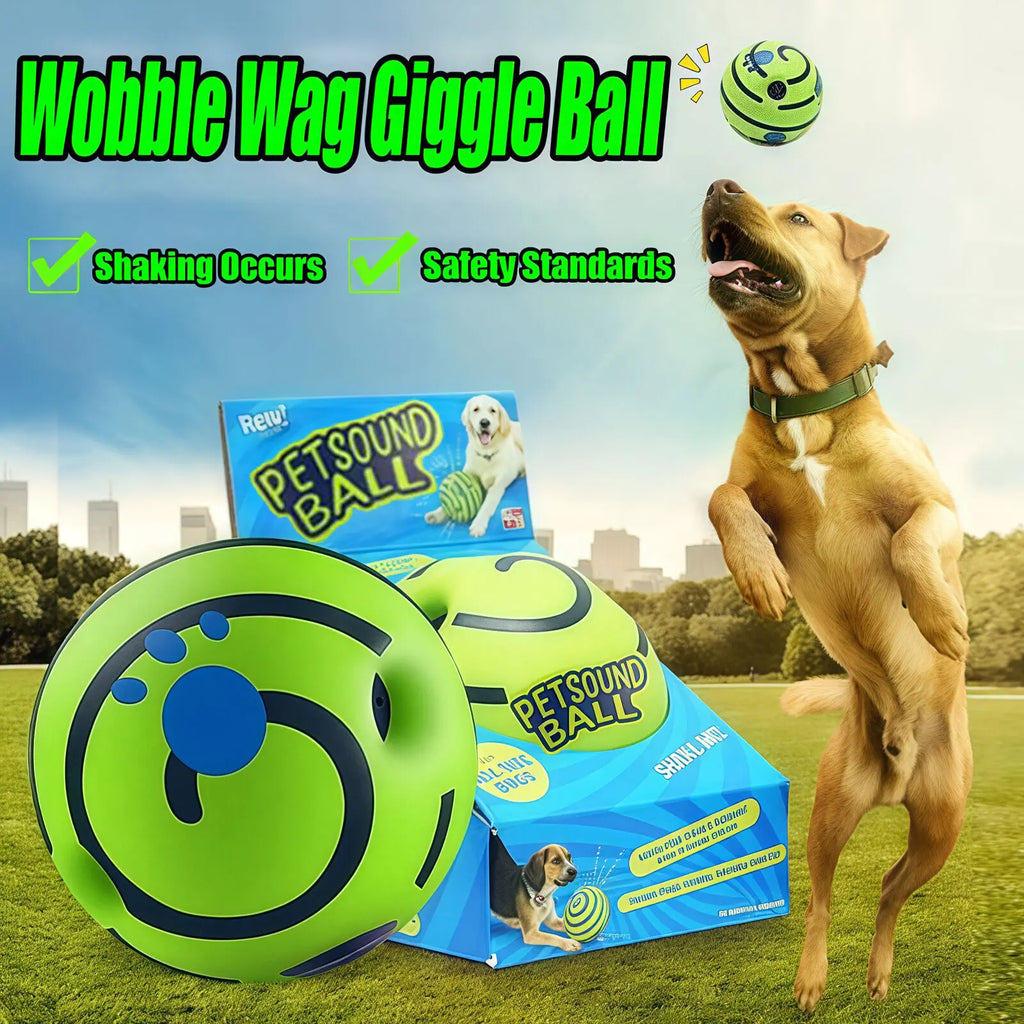 Dog toy with packaging and a dog playing outdoors, labeled 'Wobble Wag Giggle Ball'.