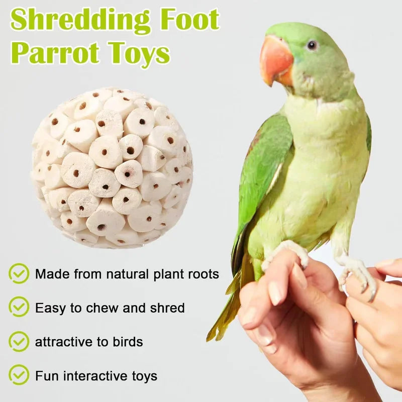 Shredding foot parrot toy with a green parrot and hand on a light gray background