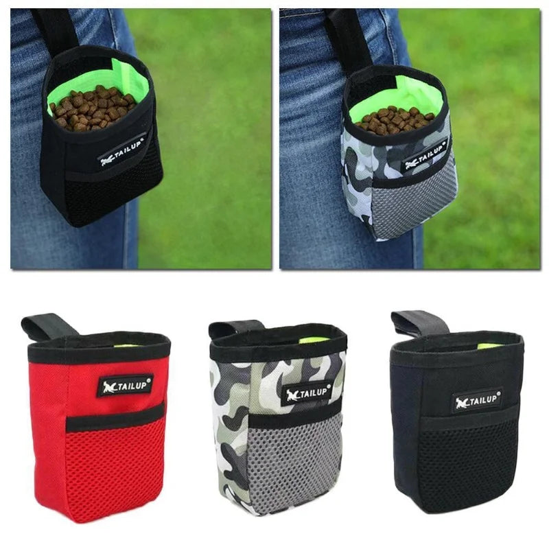 Dog training clicker bags in various colors with visible branding on a grassy background.