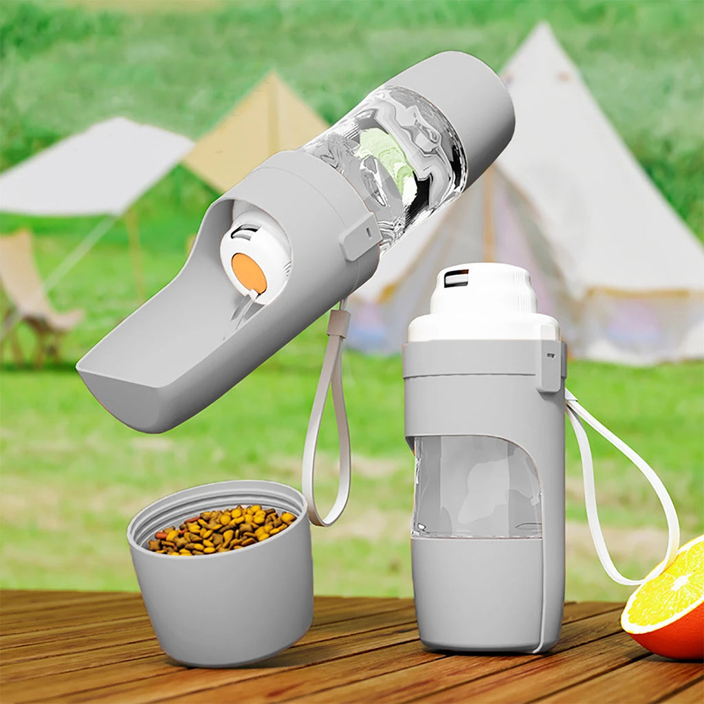 Pet water bottle and food container with a camping background