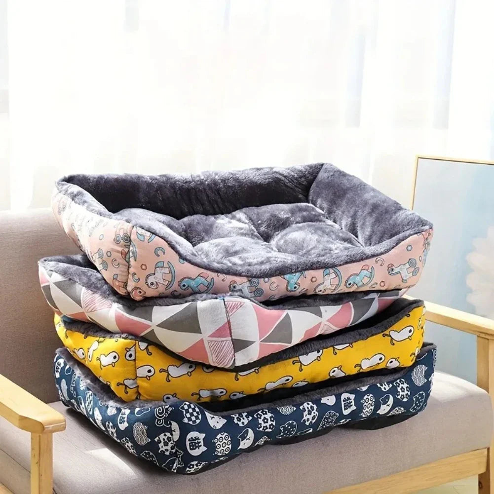 Stack of colorful pet beds on a chair with a light background
