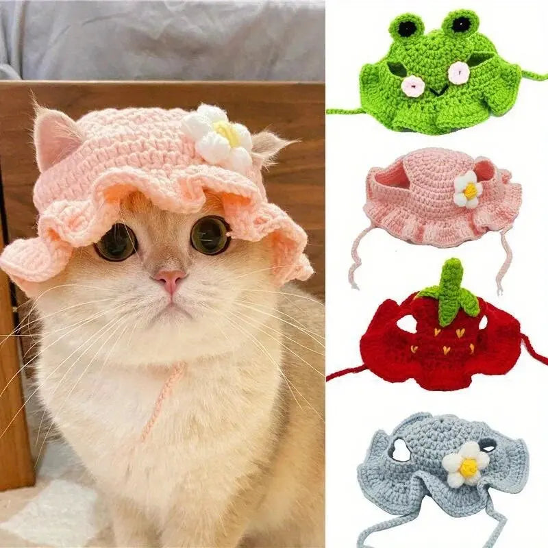 Cat wearing a pink knitted hat with a flower, surrounded by various colorful knitted hats.