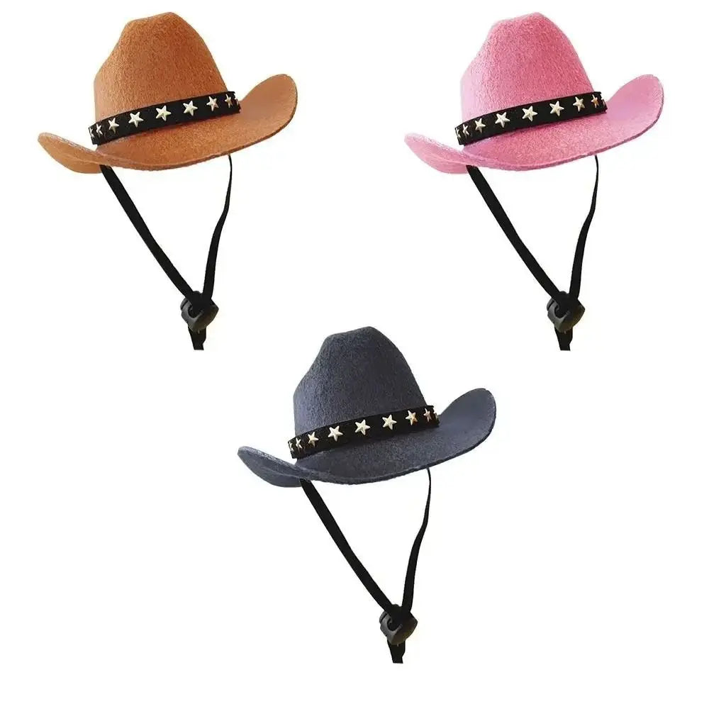 Three cowboy hats in brown, pink, and blue with star-patterned bands on a white background.