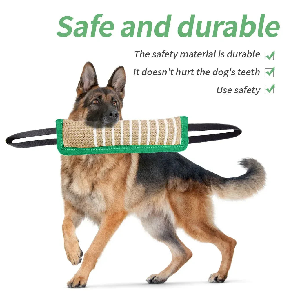 Dog wearing a green and black muzzle with text highlighting safety and durability on a white background