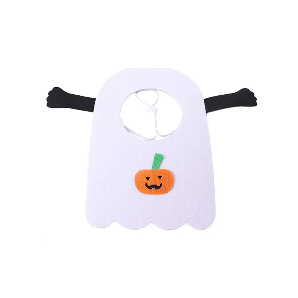 White ghost-shaped bib with a pumpkin face on a white background