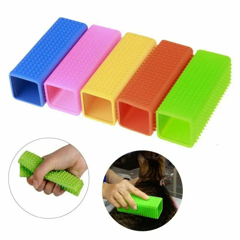 Set of colorful silicone hair styling tools with close-up images of use.