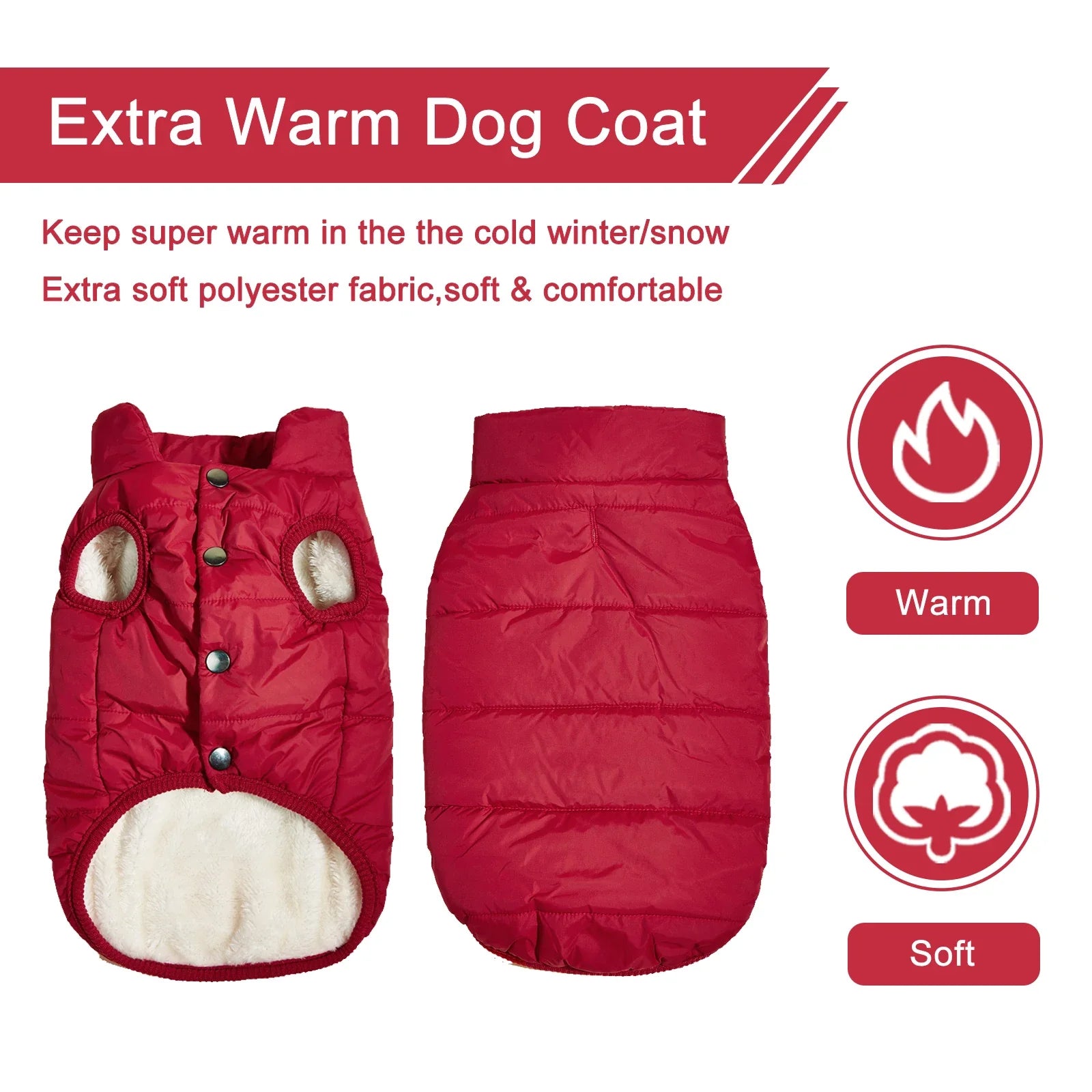 Red dog coat with white lining, labeled as extra warm for dogs, on a white background.