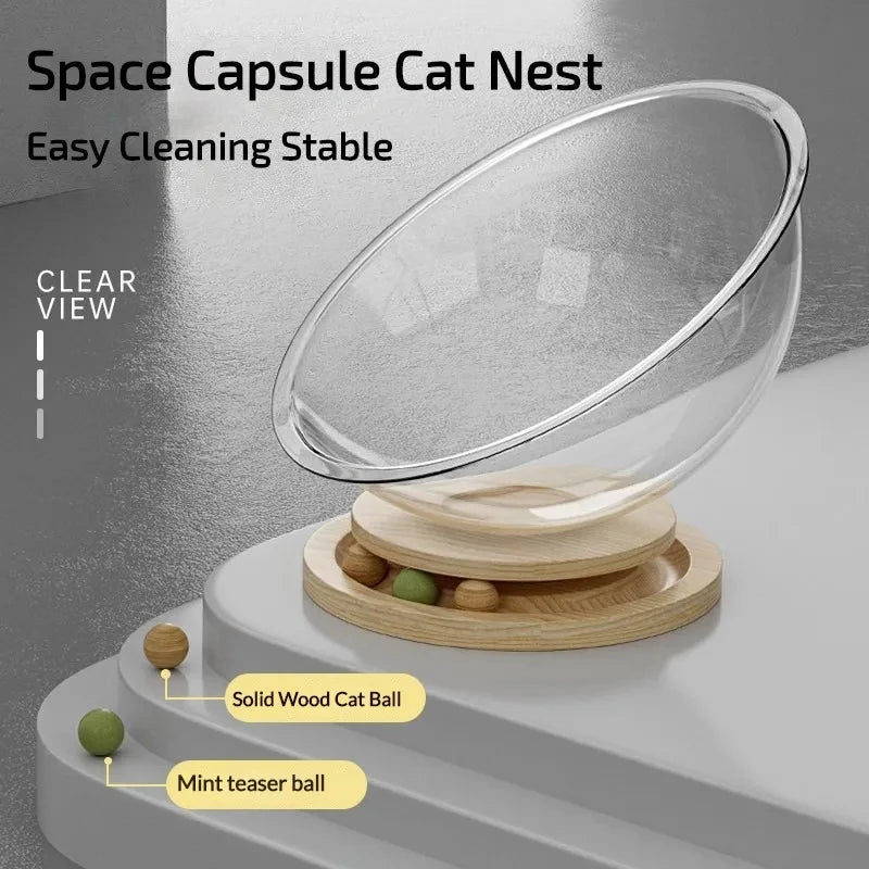 Space Capsule Cat Nest with clear top and wooden base on a gray background