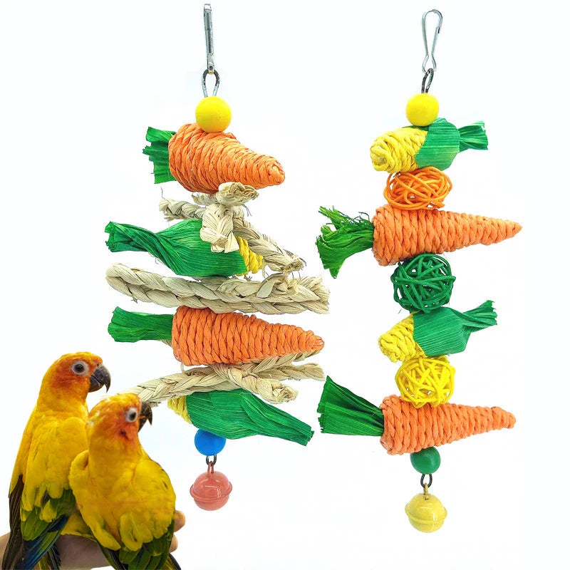 Colorful bird toy with carrot shapes and two parrots on a white background
