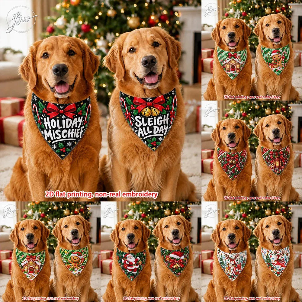 A collage showing golden retriever dogs wearing festive Christmas bandanas in a holiday home setting. The bandanas feature holiday patterns and text including 'Holiday Mischief', 'Sleigh All Day!', and 'Santa's Helpers'.
