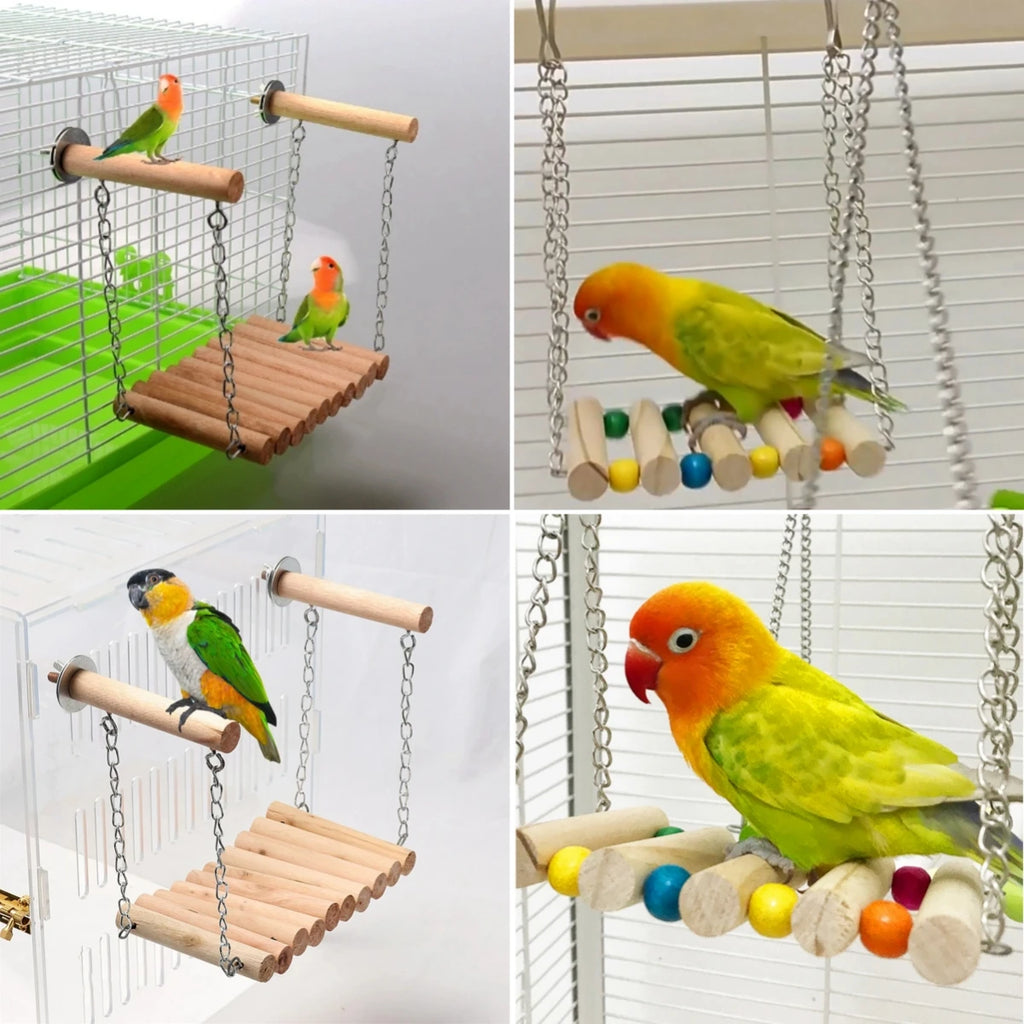 Collage of birds on various birdcage accessories including swings and platforms.