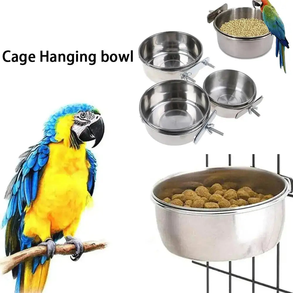 Stainless Steel Clamp-On Bird Feeder Bowl - Ideal for Parrots, Rabbits, and Hamsters