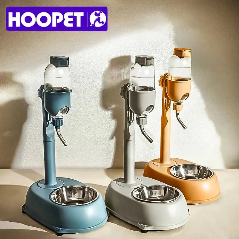Three pet feeding stations in blue, gray, and orange with HOOPET branding.