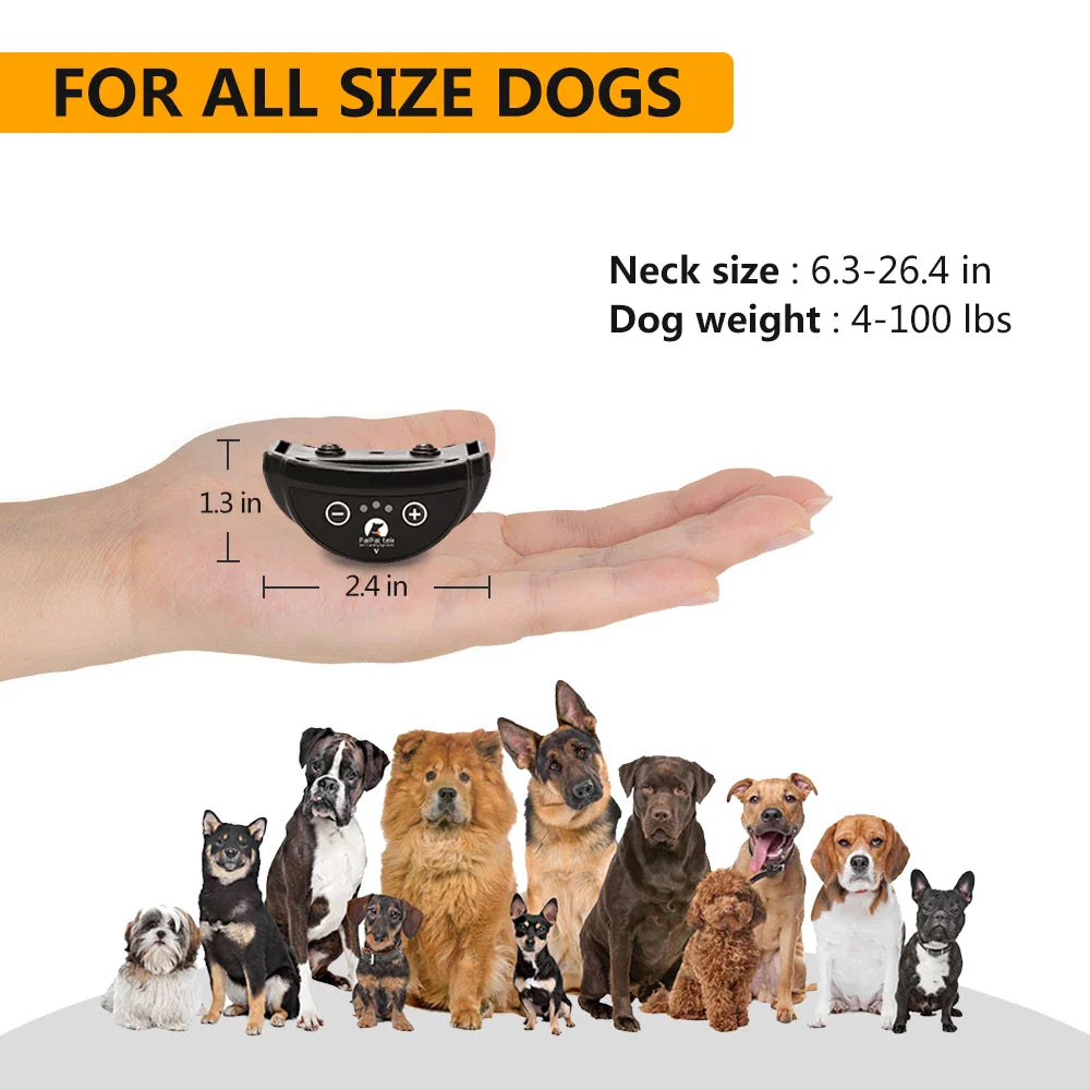 Dog GPS tracker with size chart showing compatibility for various dog sizes.