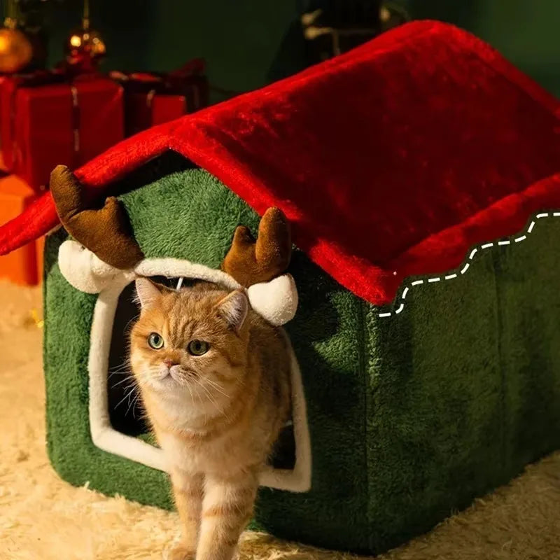 Christmas Cat Nest & Dog House – Warm Soft Plush Pet Bed with Thickened Closed Design, Removable & Multifunctional for Cats & Small Dogs